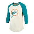 thumbnail image 2 of Men's Majestic Threads Dan Marino Cream/Aqua Miami Dolphins Retired Player Name & Number 3/4 Raglan Sleeve T-Shirt, 2 of 3