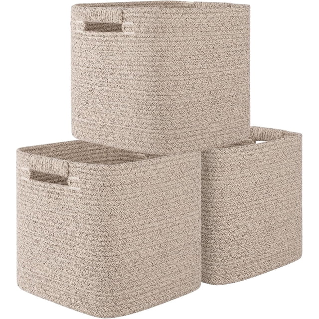 Cubos de almacenamiento, paquete de 3, cestas tejidas de cuerda de algodón para organizar, cestas cuadradas de almacenamiento para estantes, contenedores