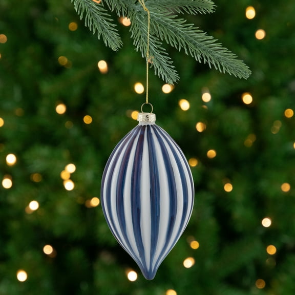 Northlight 5.75" Blue and White Striped Finial Glass Christmas Ornament