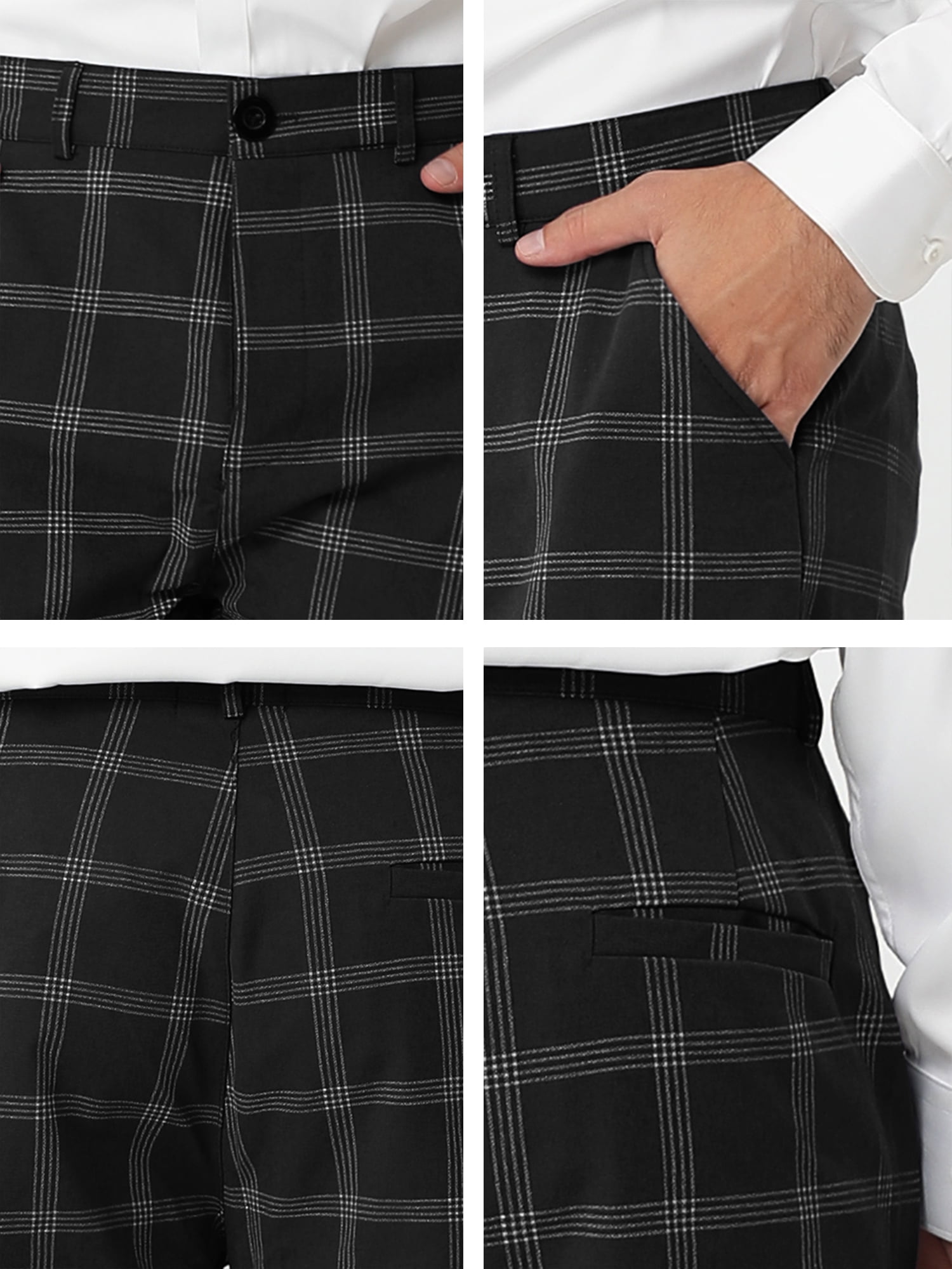 Unique Bargains Men's Plaid Pattern Slim Fit Flat Front Business Pants with Pockets 36 Black