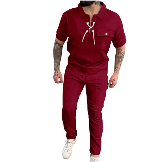 Conjunto Corto de Hombres 2 Piezas Trajes de Moda Color Sólido Manga Corta Turndown Collar Conjunto, Traje de Ocio con Cordón de Bolsillo