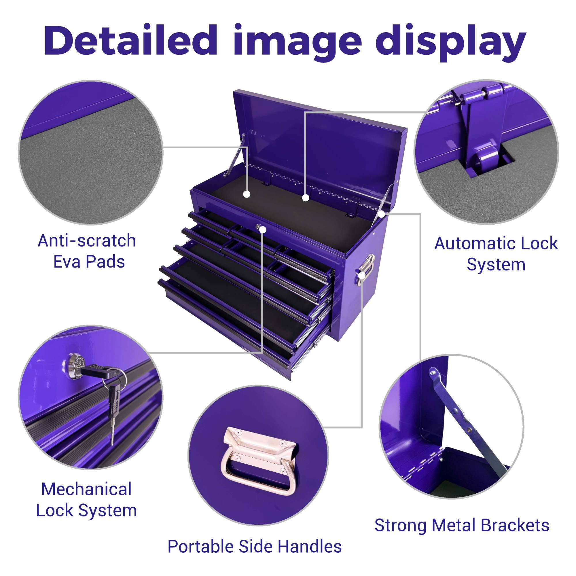 Heavy Duty Metal Tool Box,24 Inch Portable Tool Chest with 9 Drawers, Ball Bearing Slide Drawers with Auto-Locking System, Lockable Top Box Tool Organizer for Garage, Workshop, Truck,Purple
