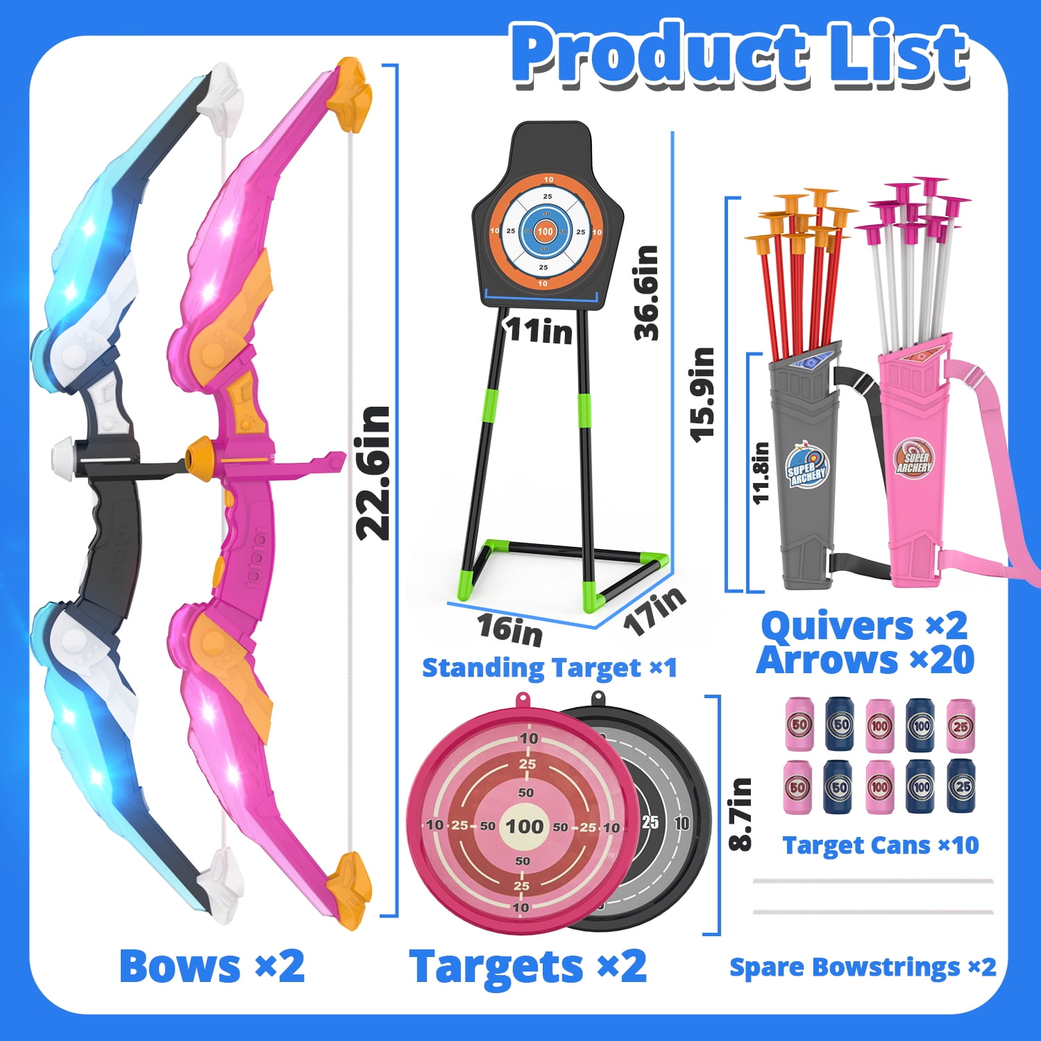 WonderStone 2-Pack Bow and Arrow for Kids, LED Light-Up Archery Set with 20 Suction Cup Arrows, Standing Target & Quiver, Outdoor Yard Games Toys for Ages 4-13