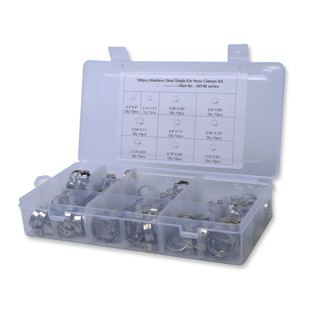 100pcs Single Ear Crimping Hose Clamp Single Ear Hose Clamps Assortment