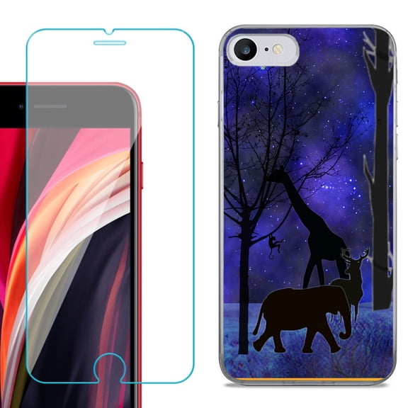 Slim-Fit Fashion Gel Phone Case for iPhone SE 2022, with Tempered Glass Screen Protector, by OneToughShield ® - Midnight Safari