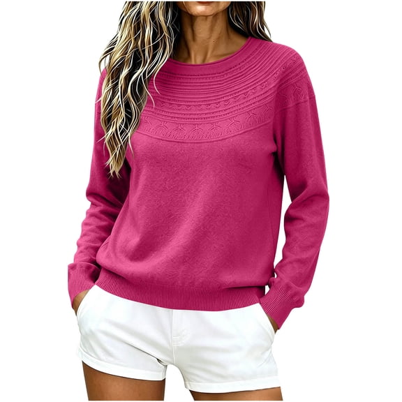 Auralook Womens Pullover Sweater Round Neck Crochet Texture Knit Long Sleeve Pullover Winter Spring Casual Top Outfits