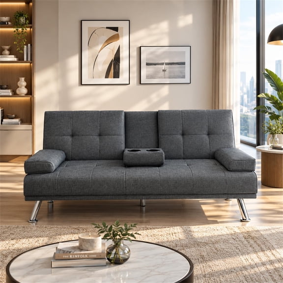 HOQBN Modern Convertible Futon Sofa Bed with Adjustable Backrest, Cup Holders, Multi-Position Sleeper Sofa for Living Room, Bedroom, Apartment Dark Gray
