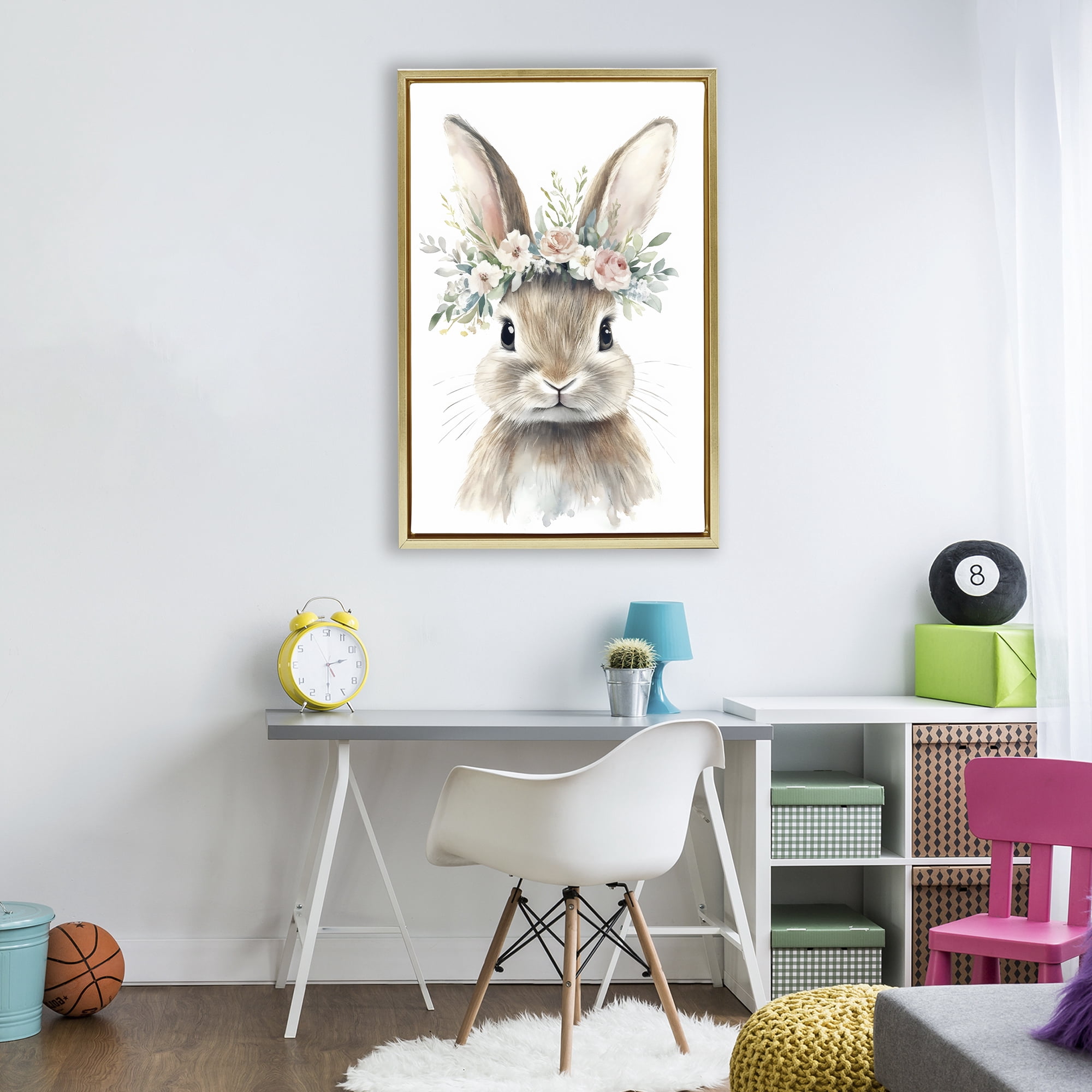 Stupell Industries Flower Adorned Baby Rabbit Gold Framed Floater Canvas Wall Art, design by Creative Studio