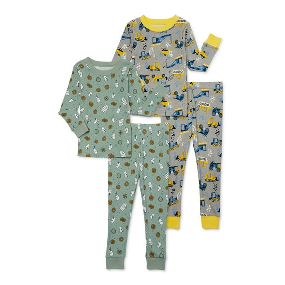 Wonder Nation Toddler Long Sleeve Tight Fit Cotton Pajama Set, 4-Piece, Sizes 12M-5T