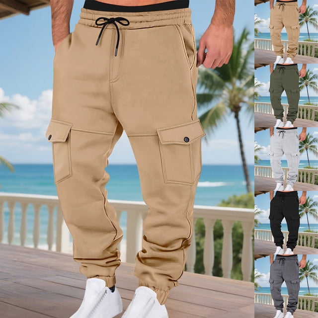 Men's Casual Fashion Solid Color Drawstring Elastic Waist Pocket Drawstring Pants