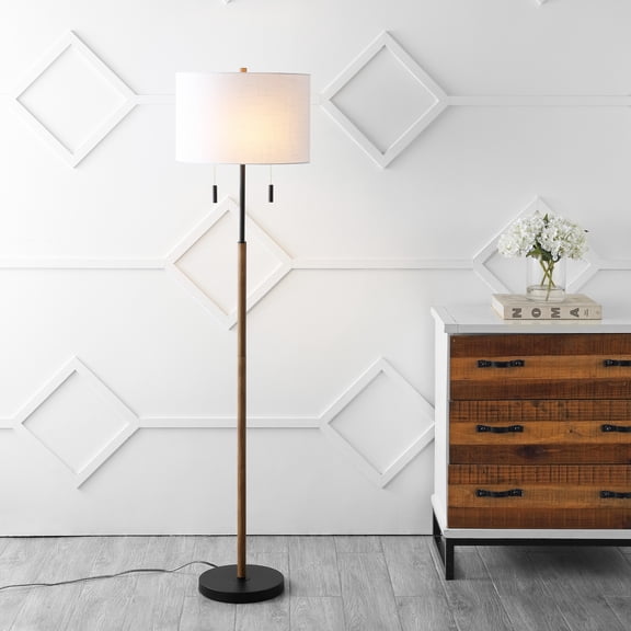 JONATHAN Y Maude 61" Rustic Farmhouse Iron Candlestick Pull Chains LED Floor Lamp, Brown Wood Finish/Black, JYL1141A