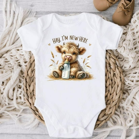 Hay I'M New Here Cow Baby Bodysuit, Newborn Birth Announcement, Farming Baby Highland Heifer, New To The Farm, Loves Cows, Gender Reveal Cute Baby Onesie, BABY BODYSUIT LAT 4424
