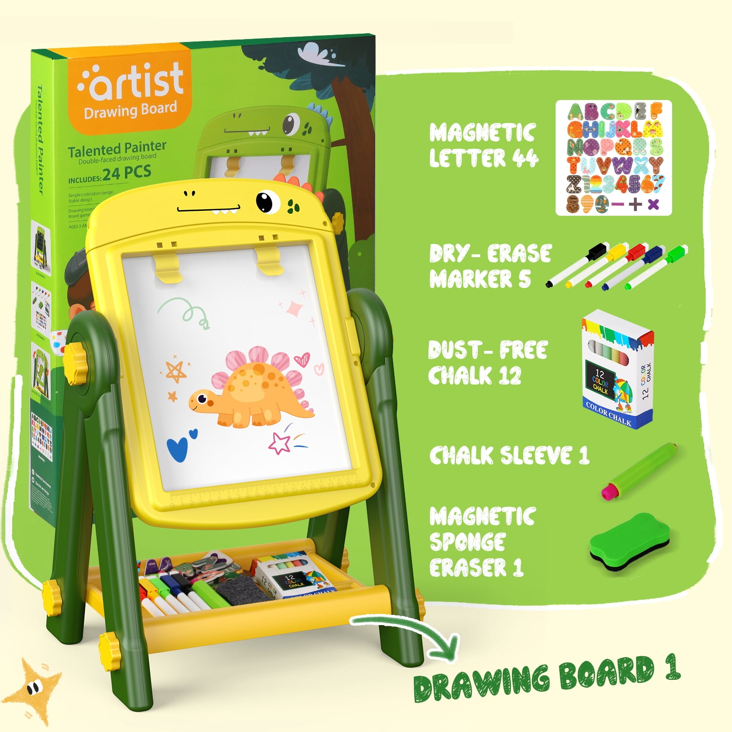 UQN Easel for Kids, Kids Art Easel for Toddlers Age 2-4, Standing Double Sided Magnetic Drawing Board with Chalkboard Whiteboard, Christmas Birthday Gift for Boys Girls 2 3 4 5 Years Old