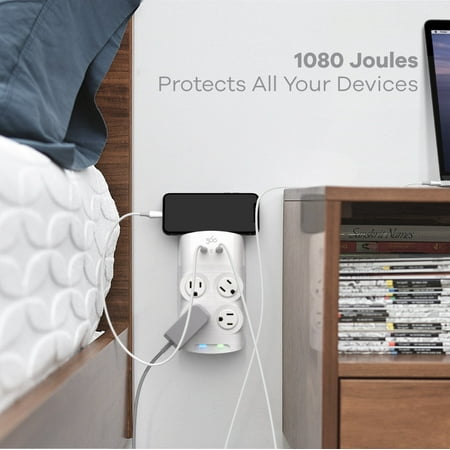 360 Electrical - Revolve60, 4 Rotating Outlets/ 2 USB-C 1080 Joules Surge Protector - White