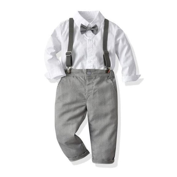 Baby Boys Linen Shirt Suspenders Set Baptism Christening Wedding Outfit Grey Ring Bearer 18M