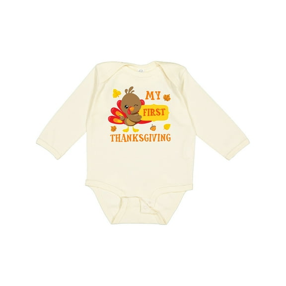 Inktastic My First Thanksgiving with Turkey and Leaves Boys or Girls Long Sleeve Baby Bodysuit