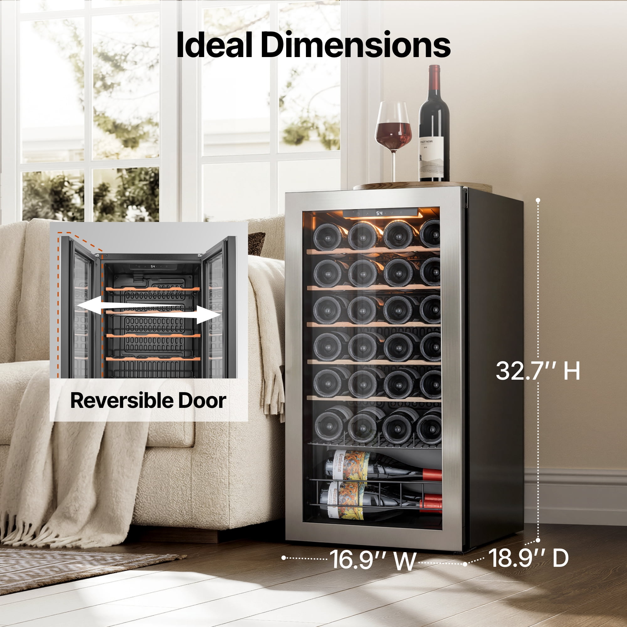 Ca'Lefort Wine Cooler Refrigerator, 3.11 cu.ft. Mini Wine Fridge Freestanding Wine Chiller with Double-Layer Glass Door for Home/Office