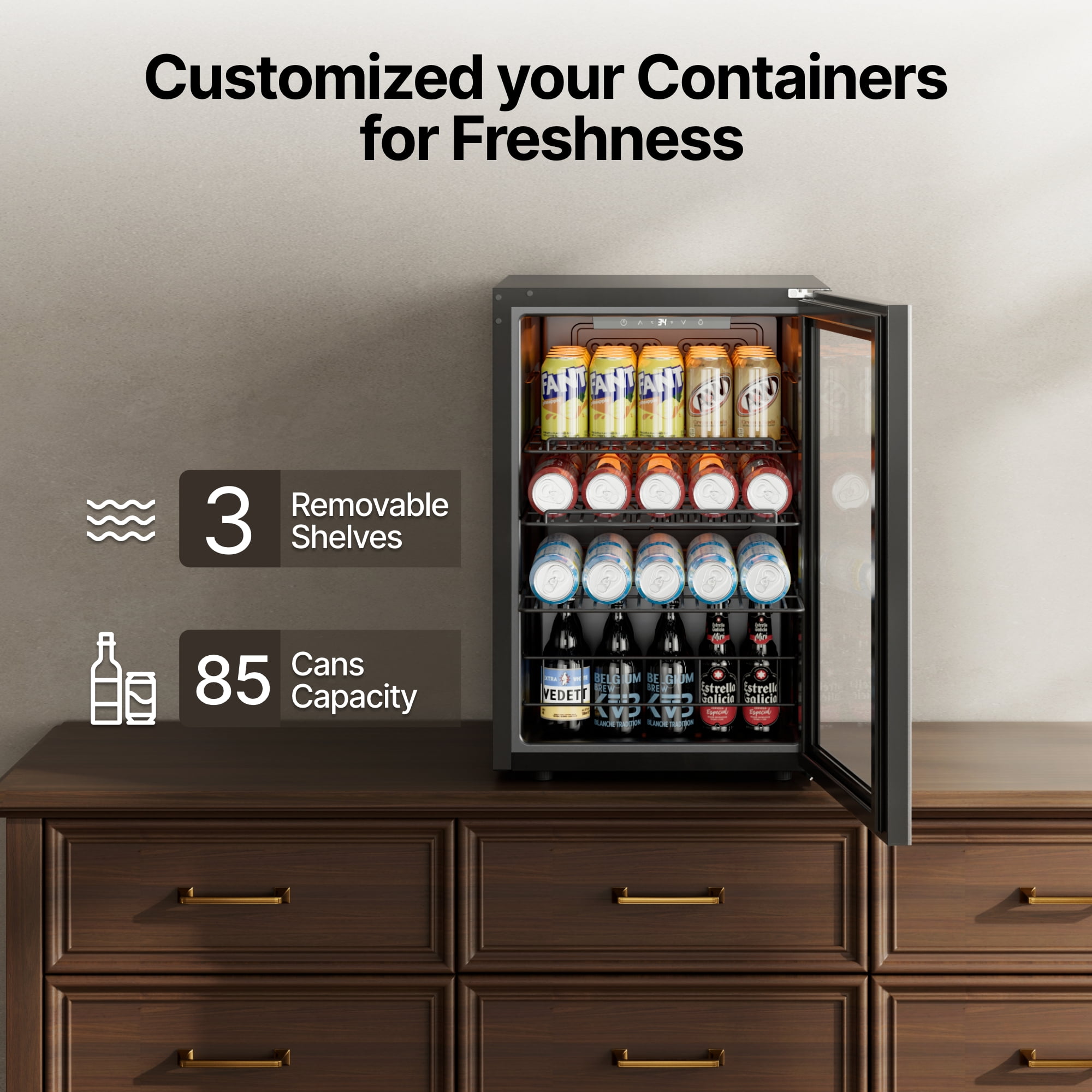 Ca'Lefort Beverage Refrigerator Cooler, 85-95 Can Freestanding Beverage Fridg,Mini fridge with Glass Door for Home/Bar/Office