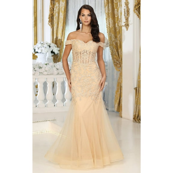 Women's May Queen MQ1995 Embroidered Mermaid Corset Bone Formal Plus Size Gown Gold 2
