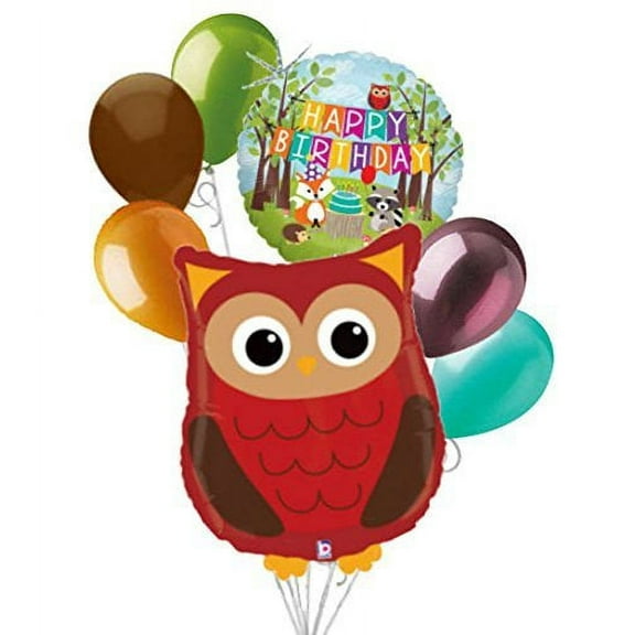 7 pc Woodland Owl Happy Birthday Animals Balloon Bouquet Party Decoration Woods