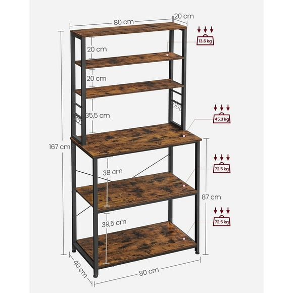 VASAGLE Coffee Bar, Baker’s Rack for Kitchen with Storage, 6-Tier Kitchen Shelves with 6 Hooks, Microwave Stand, Industrial, 15.7 x 31.5 x 65.7 '', Rustic Brown and Black