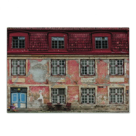 Urban Cutting Board, Old Aged Building in City Tallinn Estonia Antique Structure Windows, Decorative Tempered Glass Cutting and Serving Board, Small Size, Ruby Pink Sky Blue, by Ambesonne