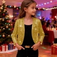thumbnail image 5 of Girls Sequin Jacket Sparkly Glitter Open Front Cropped Blazer Lightweight 3/4 Length Sleeve Jacket Yellow 130, 5 of 7