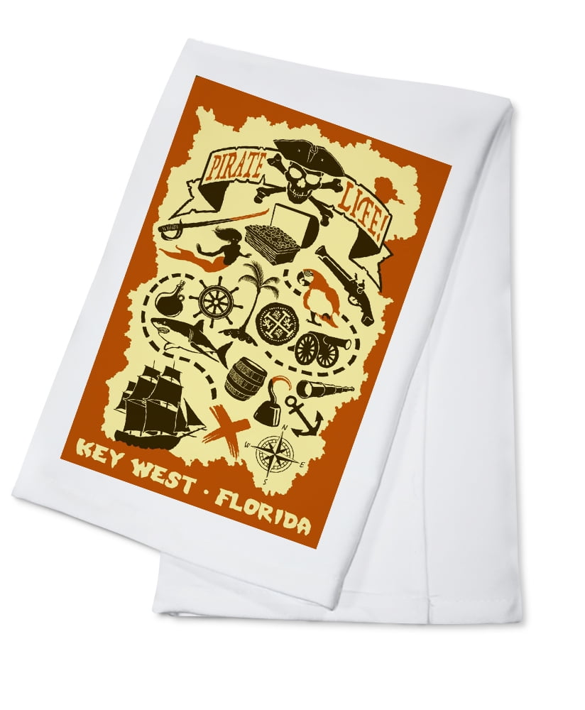 Key West, Florida, Pirate Icons, Treasure Map (100 Cotton Tea Towel