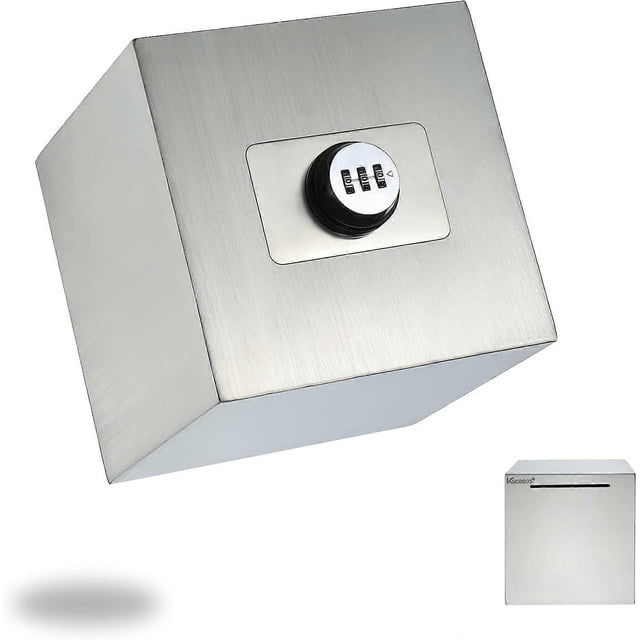 Password Reusable Stainless Steel Metal Piggy Bank with Combination Lock for Saving Money (Silver, 15cm)