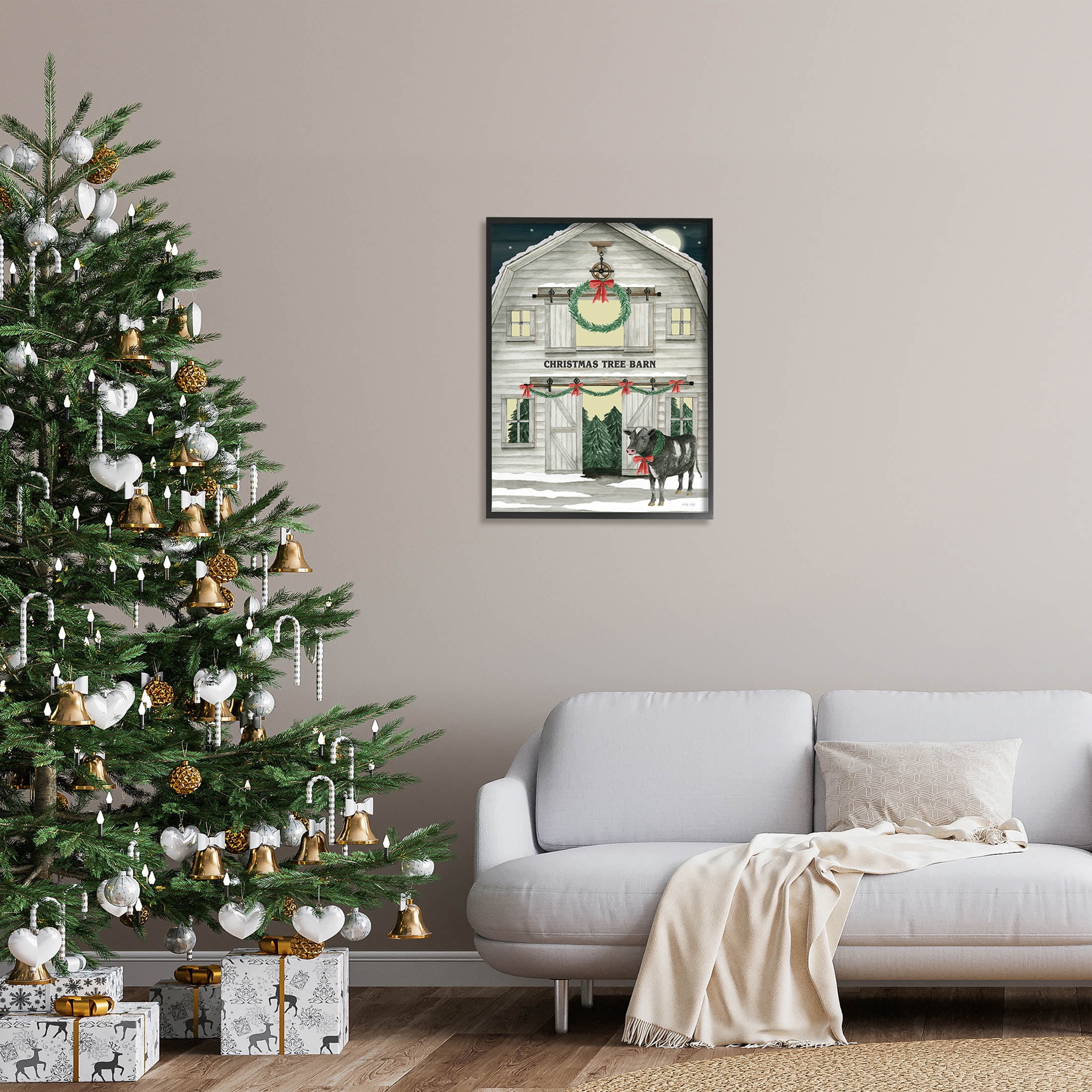 Christmas Tree Barn Rural Countryside Holiday Graphic Art Black Framed Art Print Wall Art