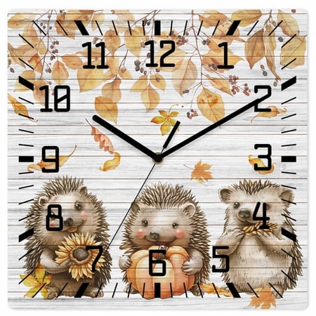 Hedgehog Fall Wooden Wall Clock Silent Non Ticking, Thanksgiving Pumpkins Maple Leaf Wooden Square Wall Clocks Battery Operated, Decor Clock for Home Office, Living Room, Kitchen, 10 Inch