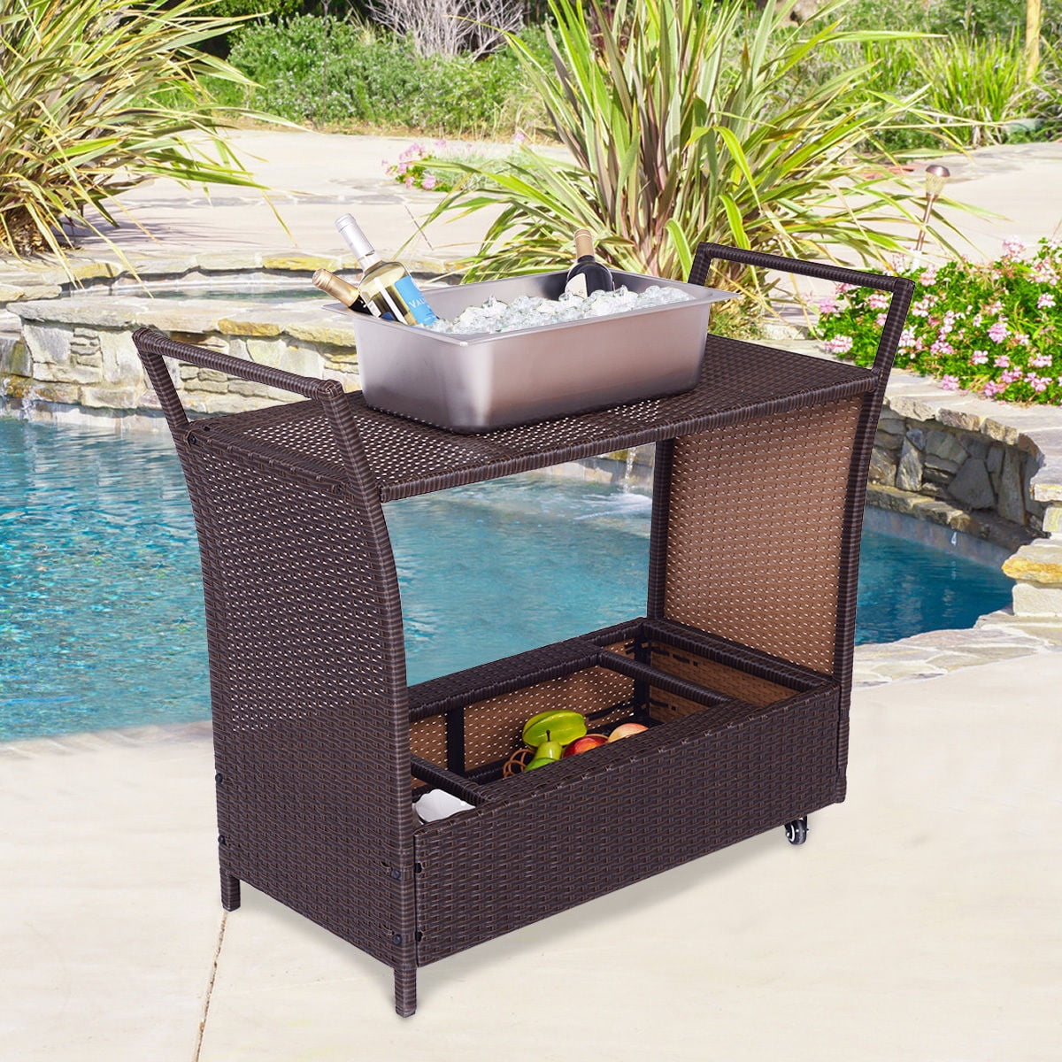 Costway Patio Rolling Rattan Kitchen Trolley Cart Dining Aluminum Frame