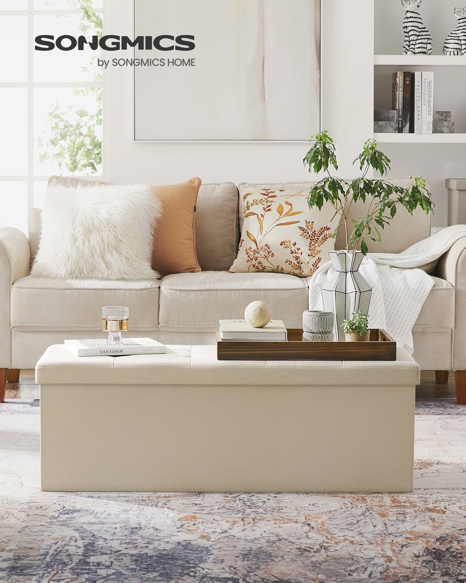 SONGMICS Storage Ottoman Bench, 15 x 43 x 15 Inches, Ottoman with Storage, End of Bed Bench, for Living Room, Bedroom, Cream White