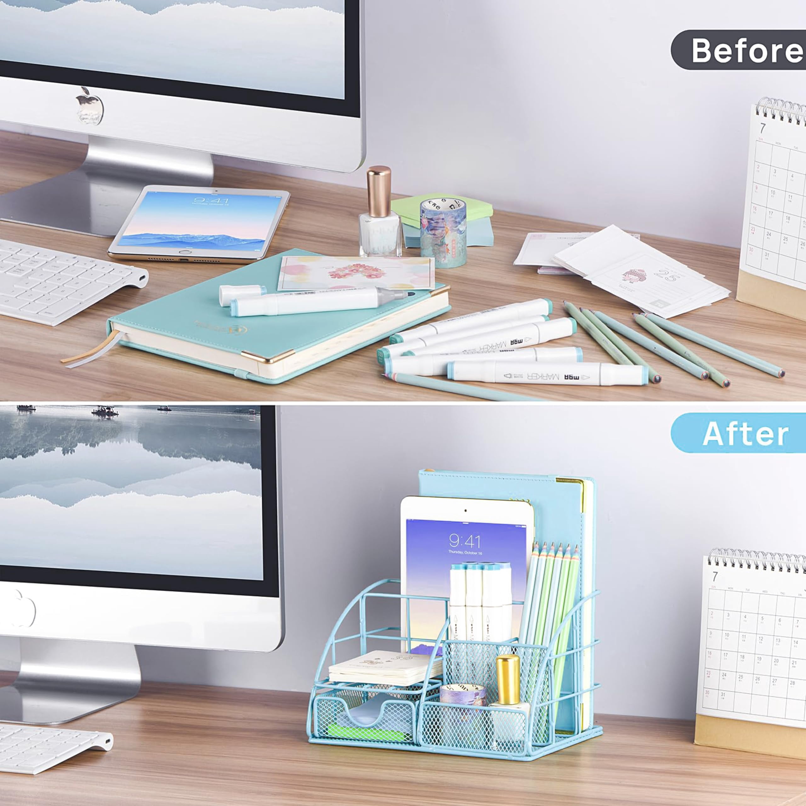 Blue Office Desk Accessories Supplies  10pcs Organizers And With Tape Dispenser Stapler Staples Scissor Ruler Sticky Tabs Ballpoint Pen Clips Set