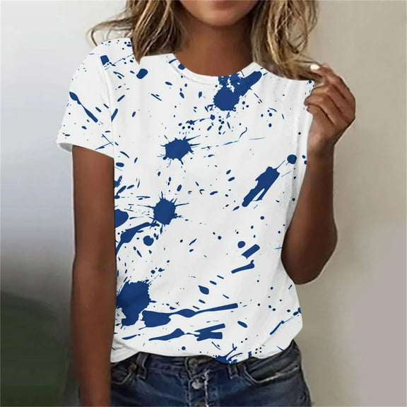 iHengLiXing Plus Size Spring Tops for Women 2025 Dressy Casual Women's Casual Letter Print Pullover Short Sleeve T-Shirt Shirt Blue L