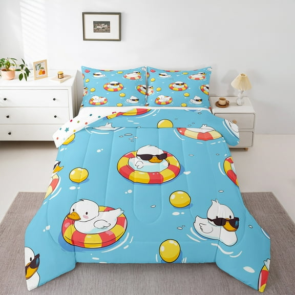 jejeloiu Cartoon Duck Bedding Comforter Set,Swimming Ring Twin Comforter Sets,Yellow Blue White Bedding Set For Boys Girls,Microfiber Bedroom Decor Reversible,2pcs