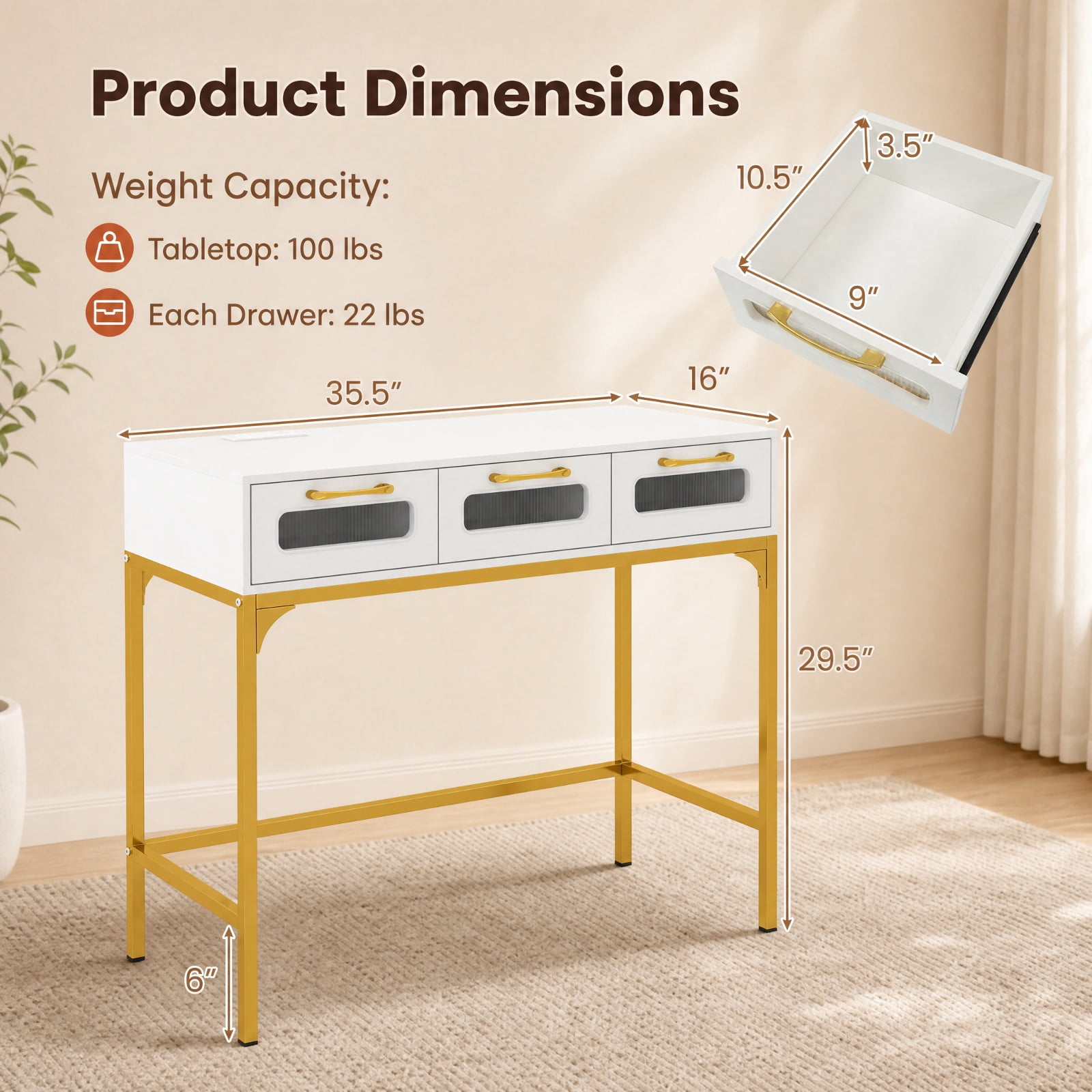 Furnibear Console Table with LED Lighting and Charging Station Entryway Table with Drawers for Living Room Hallway Sofa, White