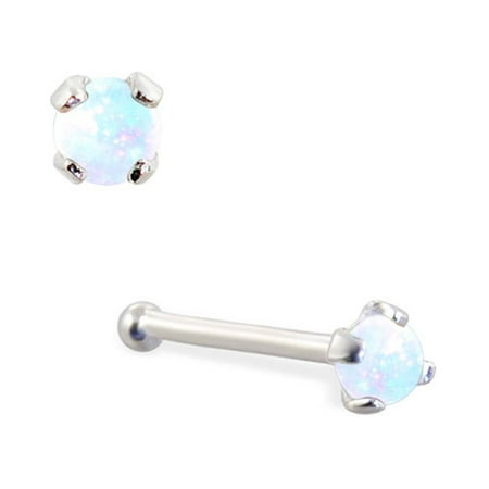 - 14K Gold Nose Bone With 2Mm Round White Opal,Gauge (Thickness):18 (1.0Mm),14K White Gold