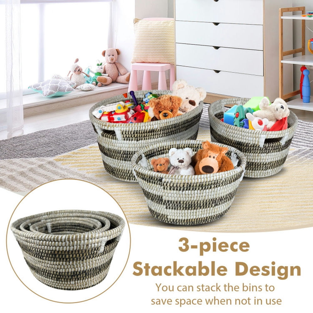 Finihen Laundry Hamper, Laundry Basket, Natural Canes Grass Baskets Stackable Storage Bins Set of 3 with Hollowed Handles, for Bathroom, Laundry Room, White & Black Finihen Laundry Hamper, Laundry Basket, Natural Canes Grass Baskets Stackable Storage Bins Set of 3 with Hollowed Handles, for Bathroom, Laundry Room, White & Black