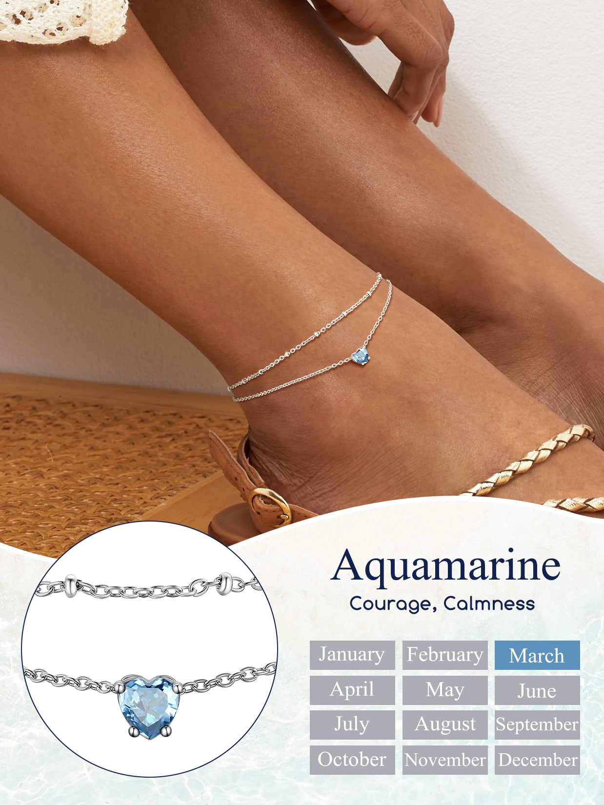 Suplight 925 Stelring Silver Birthstone Crystal Anklet Double Layered Chain Anklet Bracelets for Women