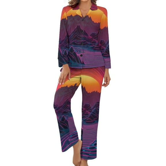 PoBuds Women's Long Sleeve Flannel Pajama Set Sleepwear Neon Valley Cyber Future L