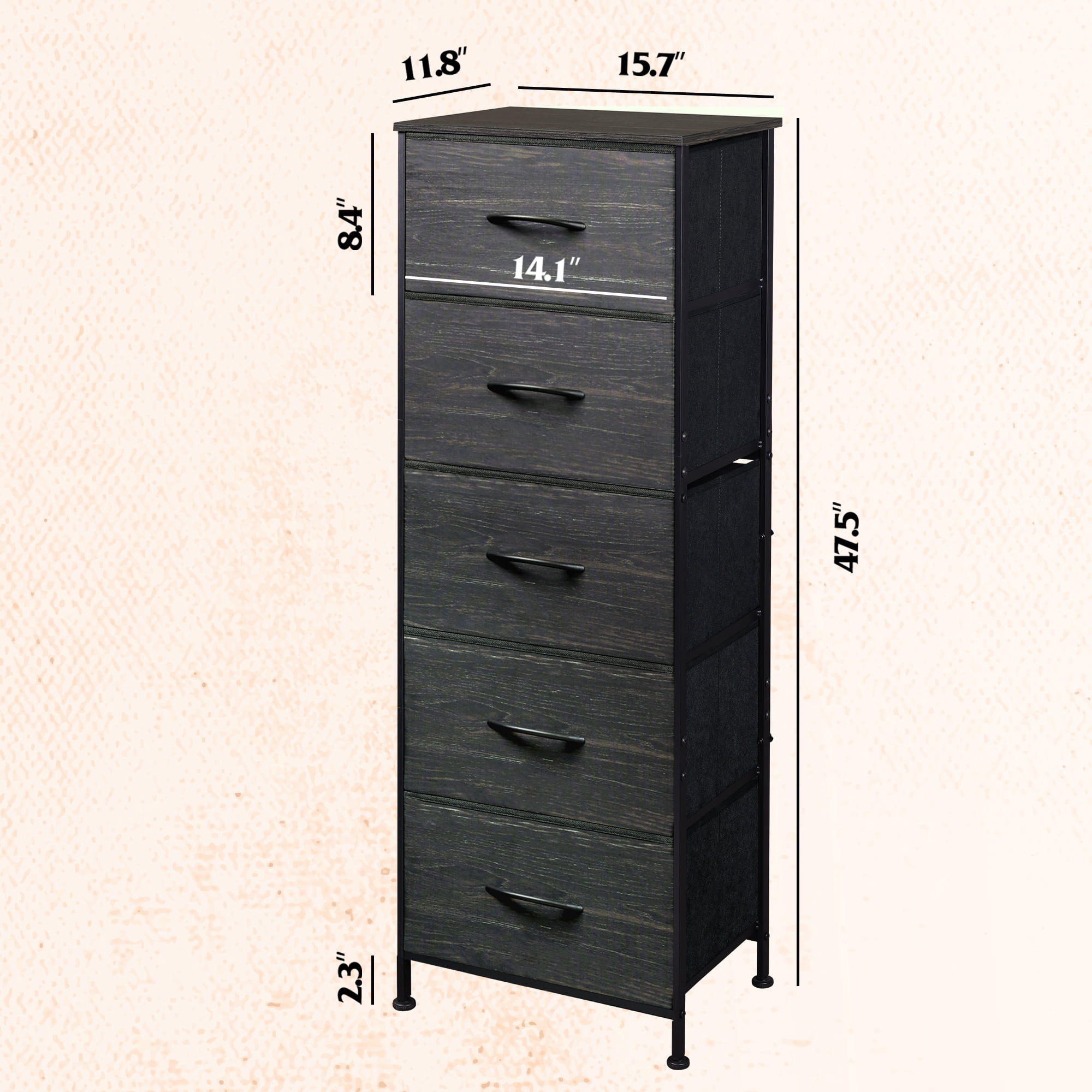 GALAXHERO 5-Drawer Tall Fabric Dresser with Wood Top, Storage Organizer Chest for Bedroom, Closet, Hallway, Sturdy Steel Frame, Charcoal Black Wood Grain Print