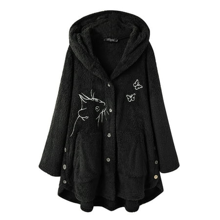 

Trench Coats for Women Fall Jackets for Women Women Printed Button Plush Tops Hooded Loose Cardigan Wool Coat Winter Jacket Cardigan for Women New Arrival Womens Coat Black S