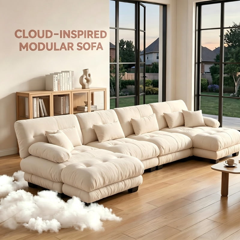 ANPPORT Cloud Couch Sleeper Sofa, Chenille Light Coffee 4-Seater Modular Sofa with 2 Ottomans, 4 Lumbar pillows,2 Pillows, Comfy Deep Seat Cloud Sofa, Convertible L-Shaped Floor Couch for Living Room