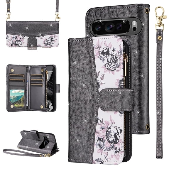 Furiet for Google Pixel 9/9 Pro/10/10 Pro 5G Floral Wallet Case with Flip Zipper Purse Wrist/Shoulder Strap, PU Leather Card Holder Stand Phone Cover for Pixel9 9Pro/Pixel10 10Pro Nine Ten Black