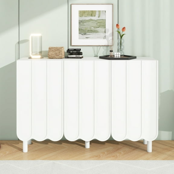 ON-TREND Cream Style Minimalist Shoe Cabinet with 5 Solid Wood Legs, Sideboard Buffet Cabinet with Adjustable Shelves, Large Storage Cabinet with Wave Doors for Living Room, White