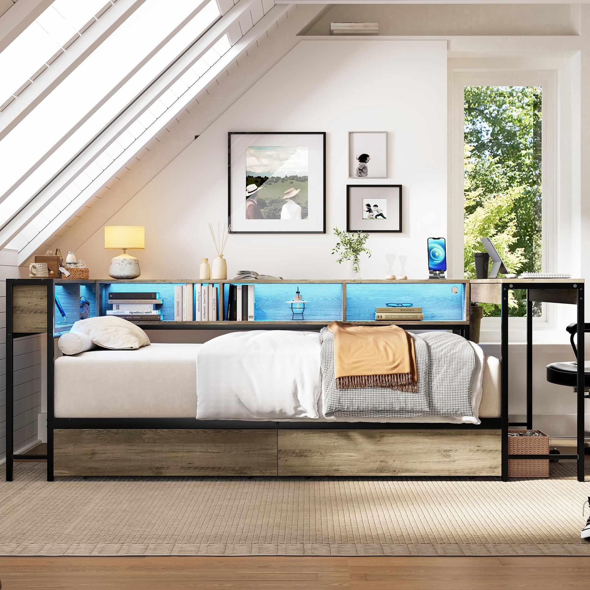AENKYO Twin Size Corner Daybed with Desk & Bookcase, Bed Frame with LED Lights, Charging Station, Drawers, Gray