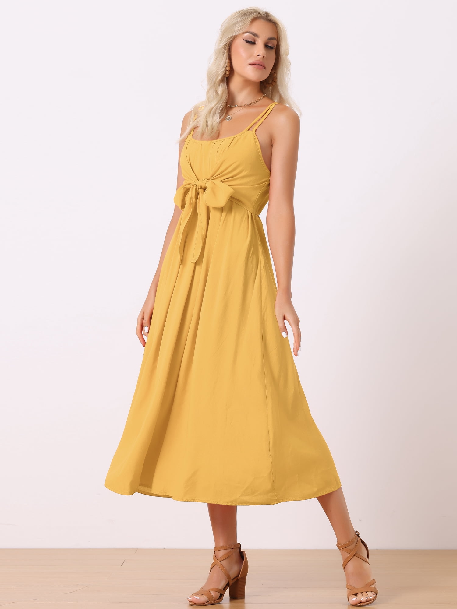DARING DIVA Women's Boho Midi Dress Spaghetti Straps Sleeveless Vacation Beach S Yellow