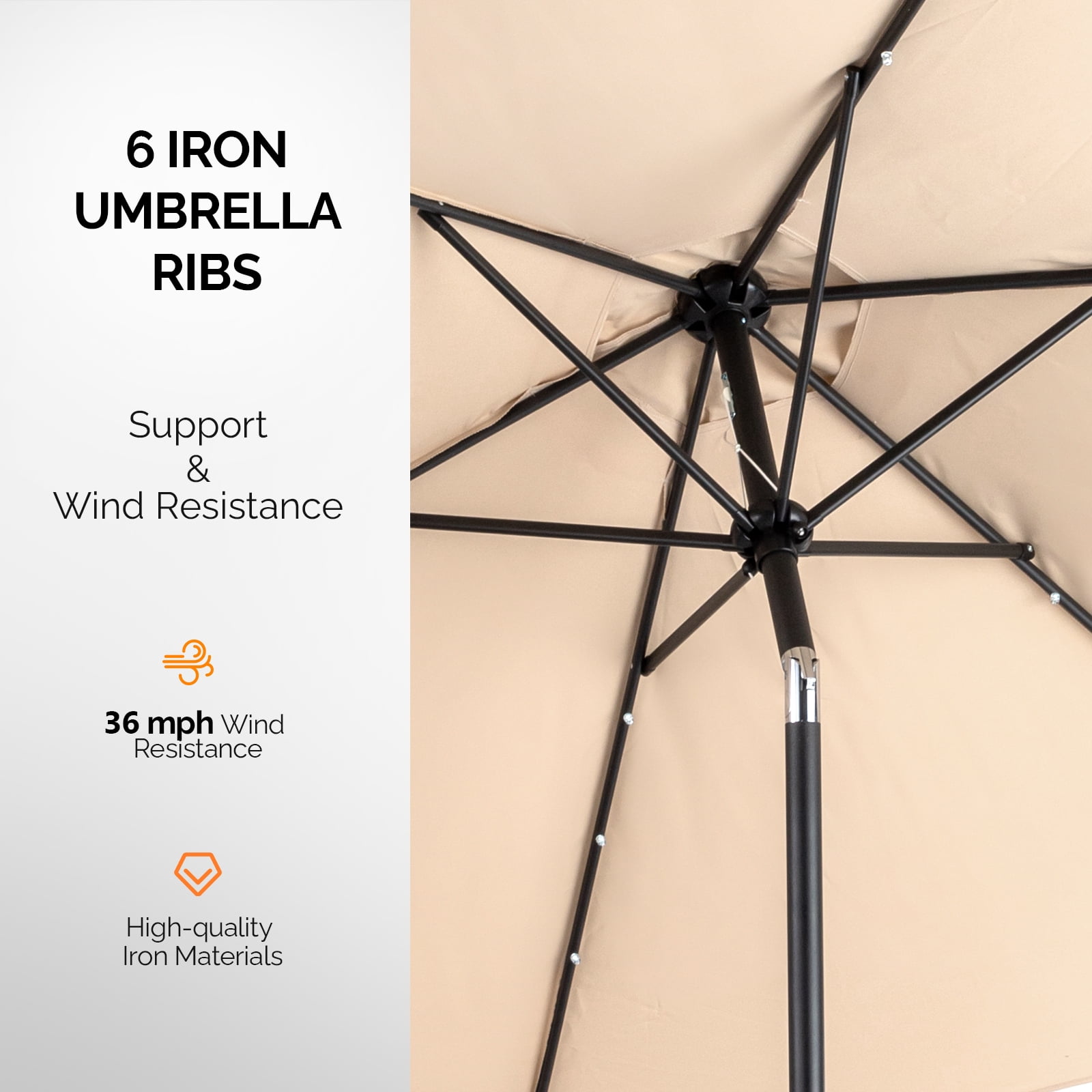 9ft Solar Patio Umbrella with LED Lights, UPF 50+ Waterproof Canopy, 6 Iron Ribs, Push Button Tilt & Crank Lift, Beige for Patio Garden Poolside