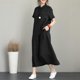 thumbnail image 5 of Vestido informal de mujer negro 2XL estilo japonés color sólido algodón y lino solapa manga corta bolsillo suelto, 5 of 8